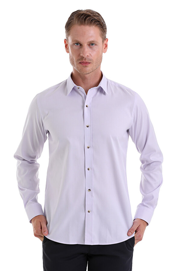 Lila Comfort Fit Çizgili %100 Pamuk Slim Yaka Uzun Kollu Gömlek