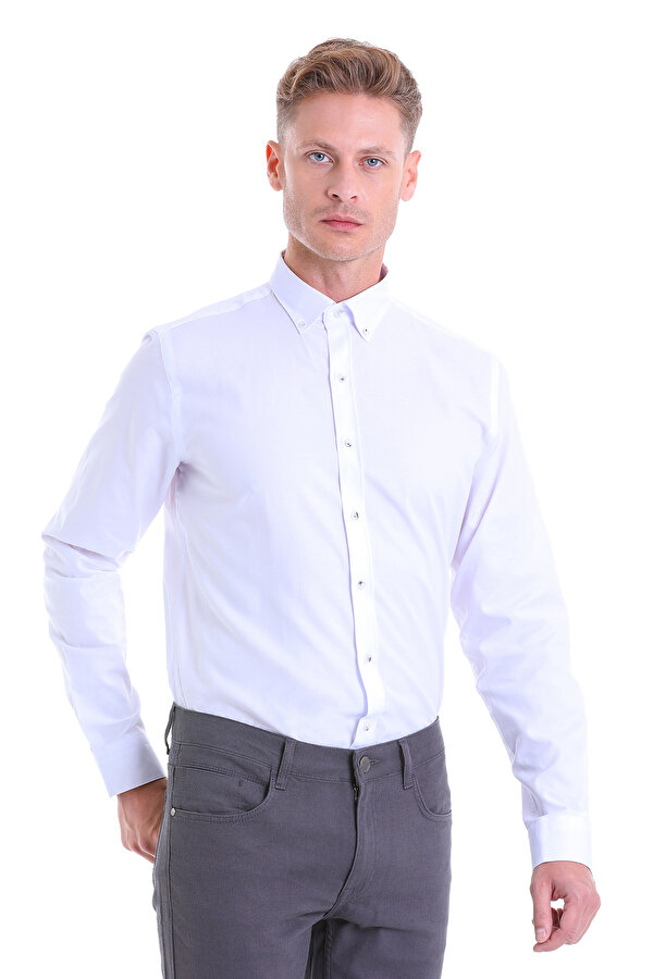 Beyaz Comfort Fit Düz 100% Pamuk Düğmeli Yaka Uzun Kollu Casual Gömlek