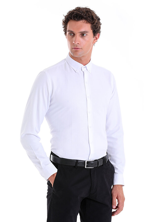 Beyaz Comfort Fit Düz Düğmeli Yaka Uzun Kollu Casual Oxford Gömlek