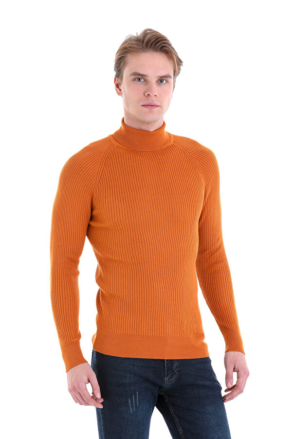 Turuncu Slim Fit Desenli Balıkçı Yaka Triko Kazak