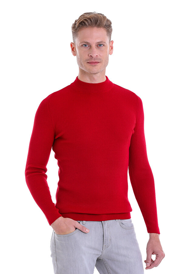 Kırmızı Slim Fit Fitilli Yarım Balıkçı Yaka Yünlü Kazak