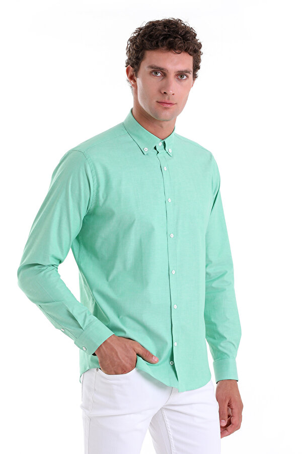 Yeşil Slim Fit Düz 100% Pamuk Düğmeli Yaka Uzun Kollu Klasik Gömlek