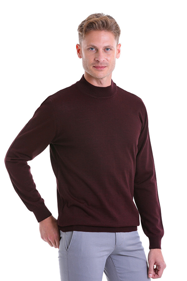 Bordo Comfort Fit Düz Yarım Balıkçı Yaka Yünlü Kazak