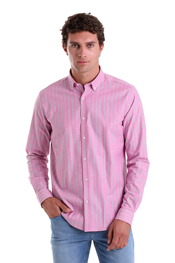 Pembe Slim Fit Çizgili Pamuklu Düğmeli Yaka Uzun Kollu Casual Gömlek