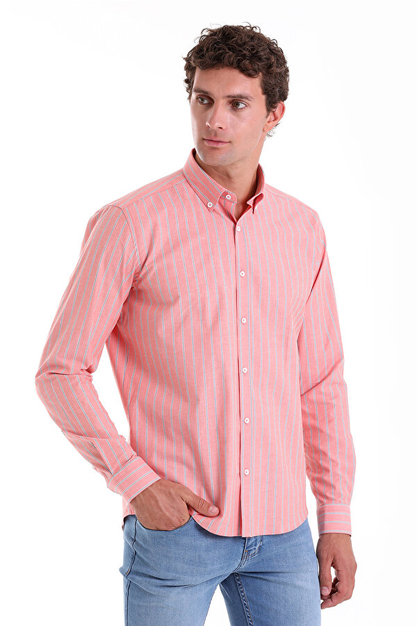 Turuncu Slim Fit Çizgili Pamuklu Düğmeli Yaka Uzun Kollu Casual Gömlek