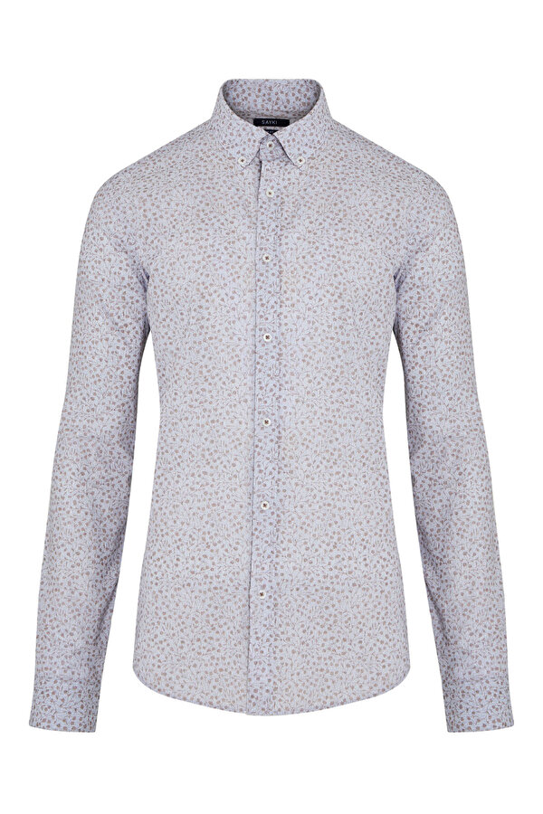 Kahverengi Slim Fit Baskılı 100% Pamuk Düğmeli Yaka Uzun Kollu Casual Gömlek