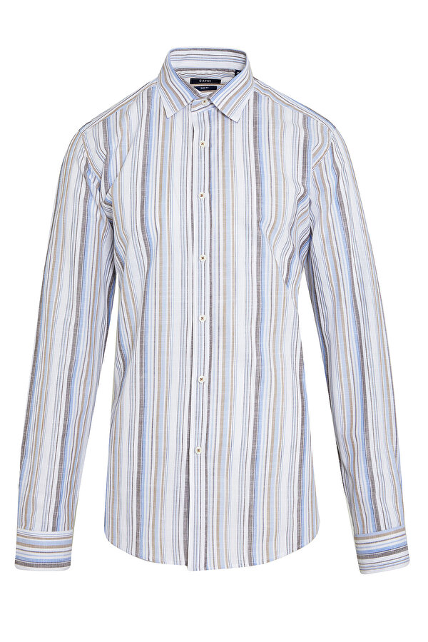 Kahverengi Slim Fit Çizgili 100% Pamuk Slim Yaka Uzun Kollu Klasik Gömlek