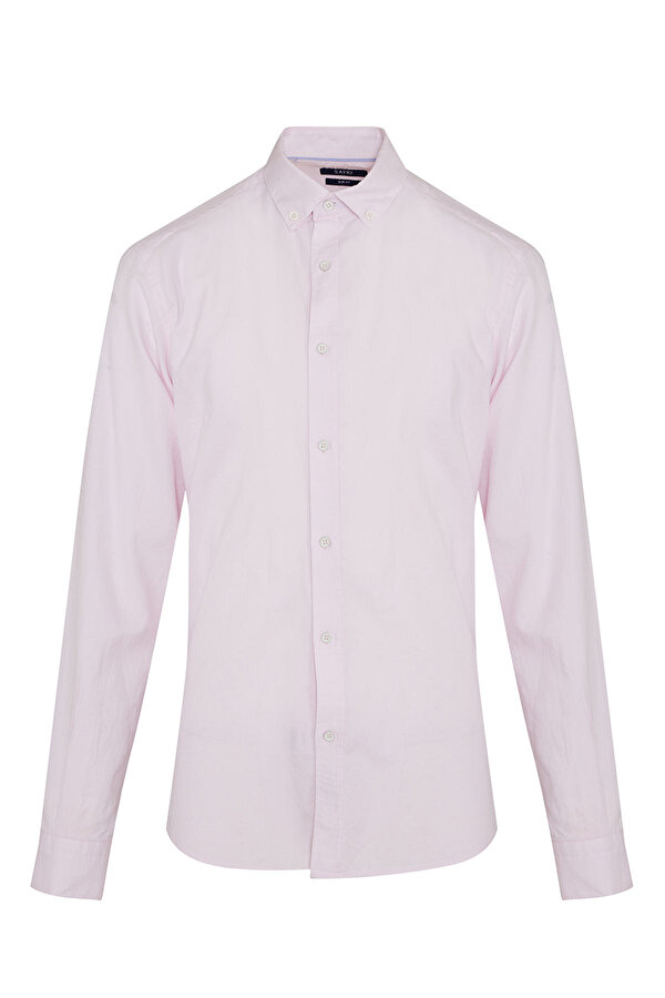 Pembe Slim Fit Düz 100% Pamuk Düğmeli Yaka Uzun Kollu Casual Gömlek