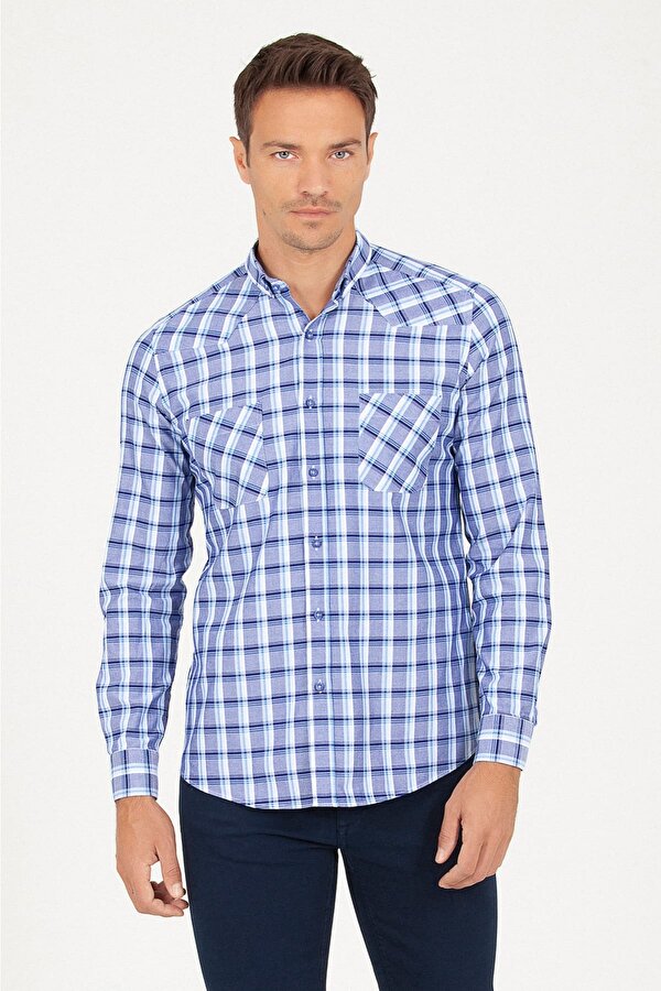 Lacivert Slim Fit Kareli 100% Pamuk Uzun Kol Spor Gömlek