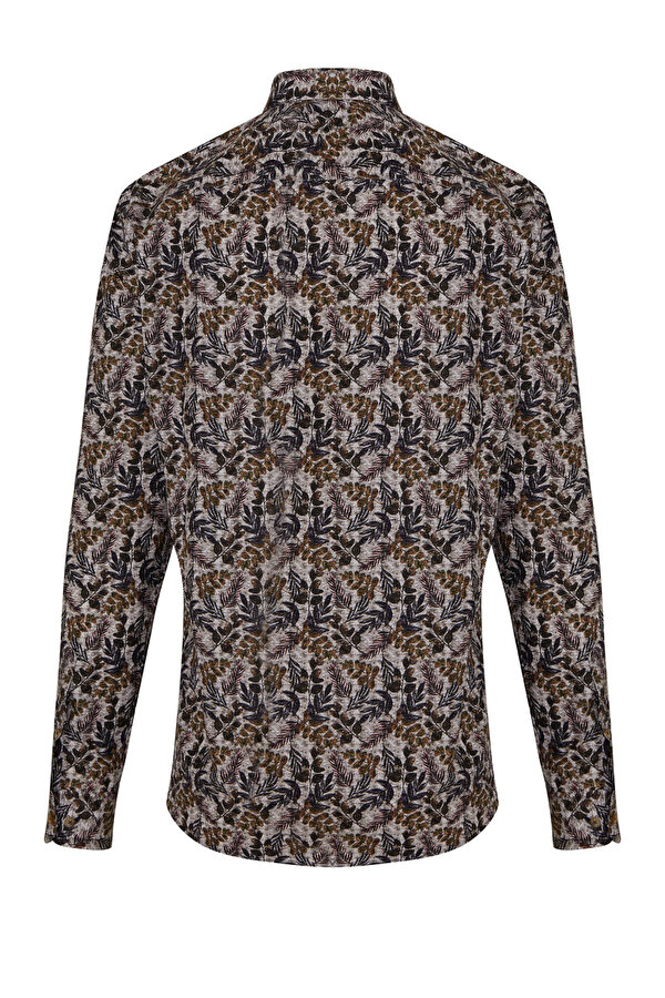 Kahverengi Comfort Fit Baskılı 100% Pamuk Düğmeli Yaka Uzun Kollu Casual Gömlek