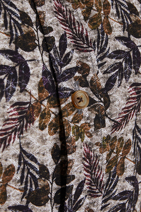 Kahverengi Comfort Fit Baskılı 100% Pamuk Düğmeli Yaka Uzun Kollu Casual Gömlek