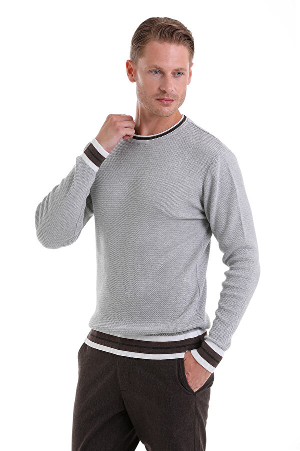 Gri Comfort Fit Düz Pamuklu Bisiklet Yaka Casual Triko Kazak