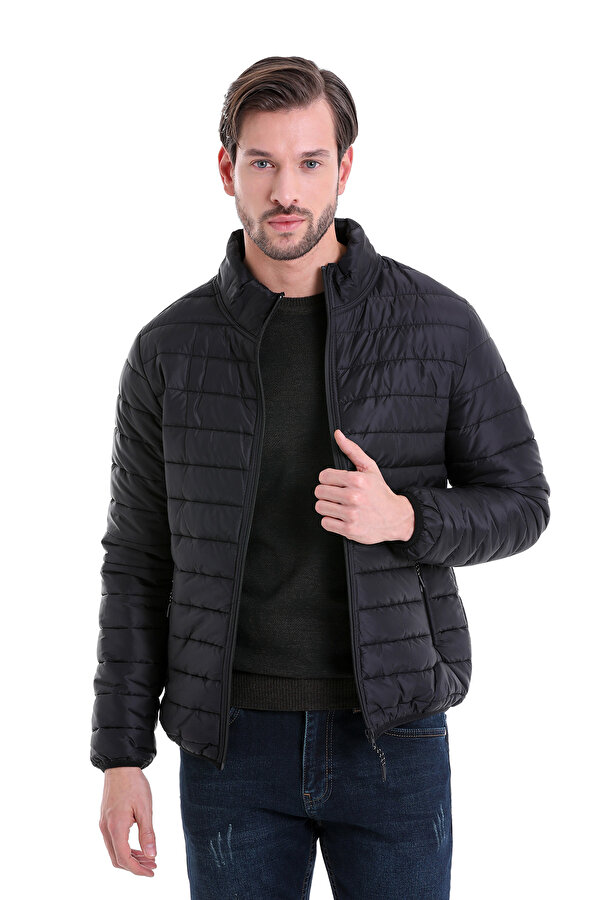 Siyah Slim Fit Düz Hakim Yaka Şişme Mont