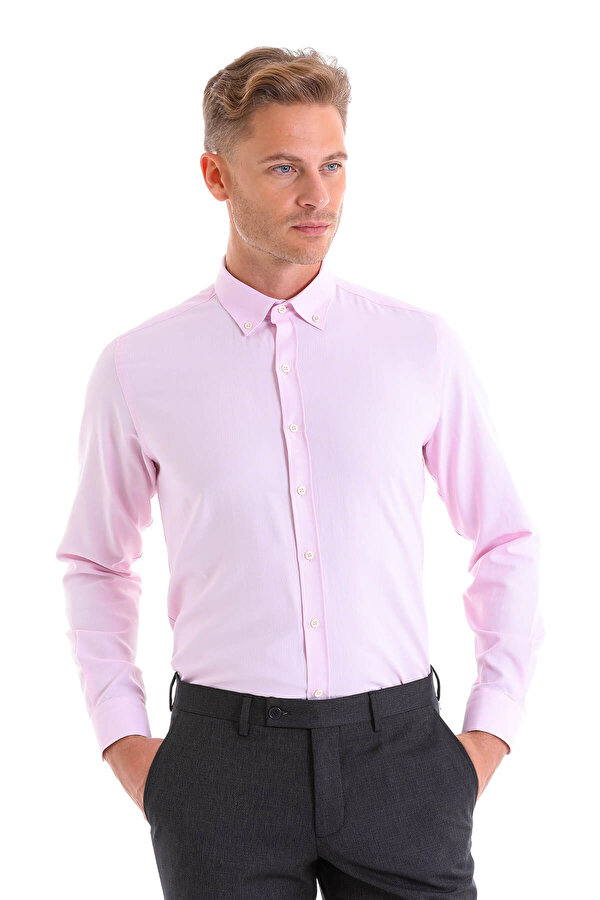 Pembe Comfort Fit Düz Pamuklu Düğmeli Yaka Uzun Kollu Casual Gömlek