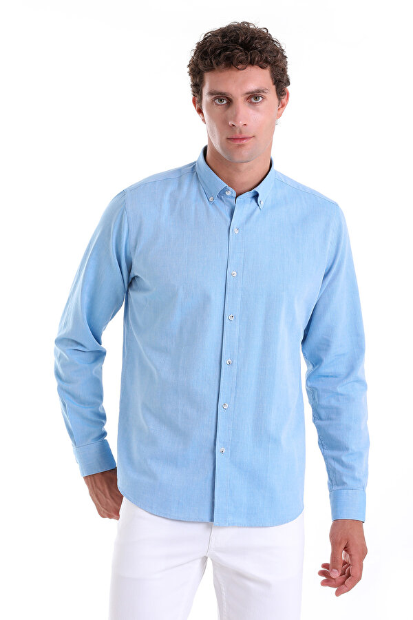 Turkuaz Comfort Fit Düz 100% Pamuk Düğmeli Yaka Uzun Kollu Casual Oxford Gömlek