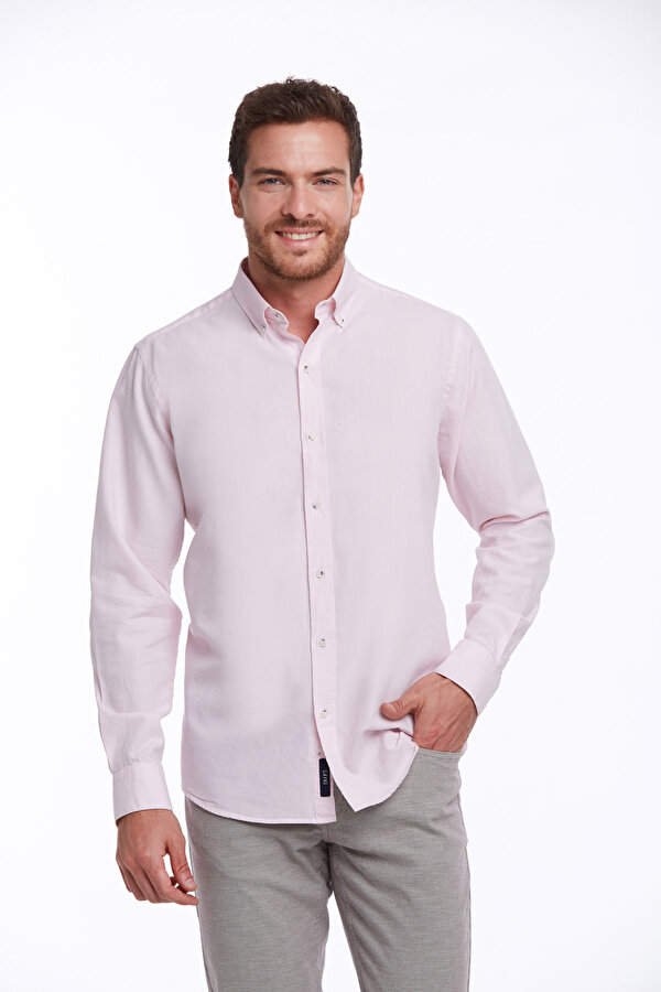 Pembe Comfort Fit Düz 100% Pamuk Düğmeli Yaka Uzun Kollu Casual Oxford Gömlek