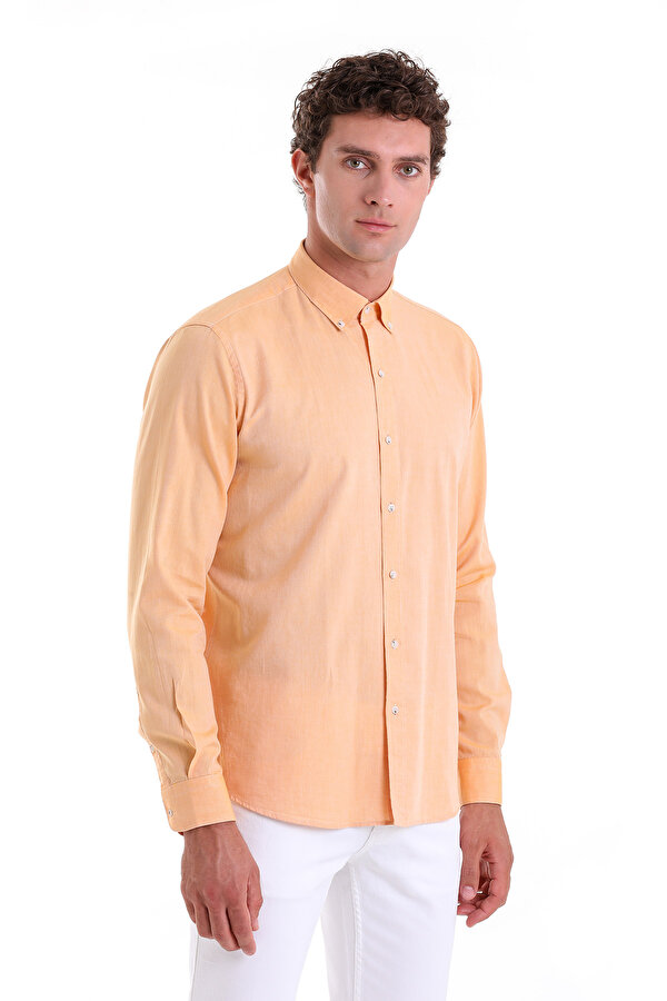 Turuncu Comfort Fit Düz 100% Pamuk Düğmeli Yaka Uzun Kollu Casual Oxford Gömlek