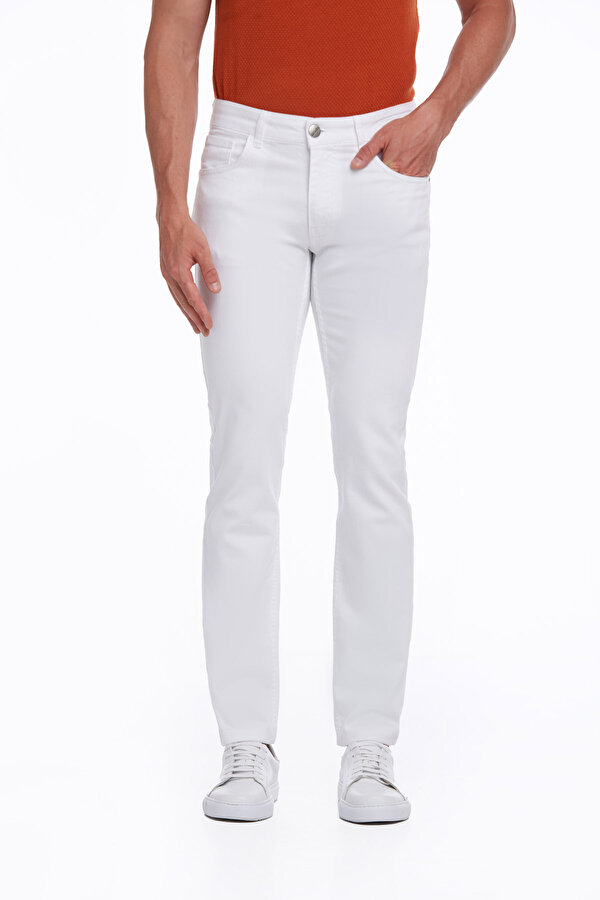Beyaz Regular Fit Düz Pamuklu 5 Cep Kot Pantolon