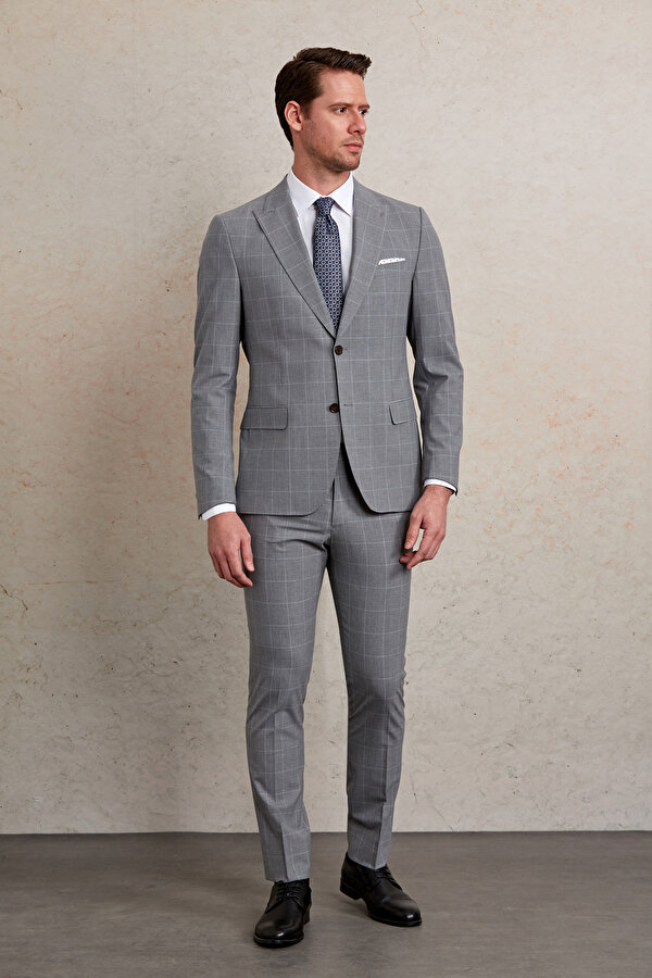 Gri Slim Fit Kareli Sivri Yaka Klasik Takım Elbise
