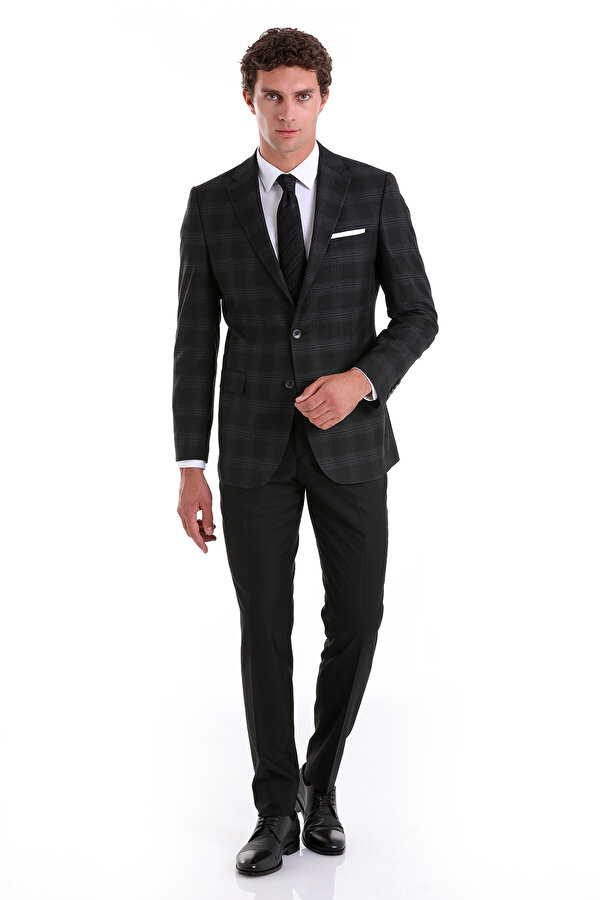 Siyah Slim Fit Kareli Mono Yaka Casual Takım Elbise
