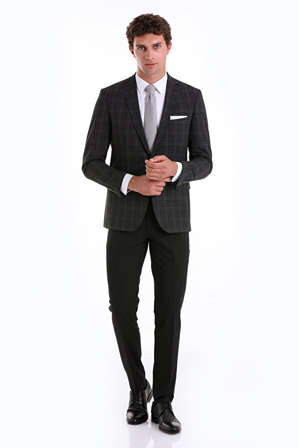 Antrasit Slim Fit Kareli Mono Yaka Casual Takım Elbise