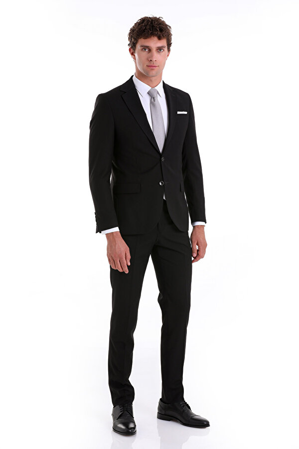 Siyah Slim Fit Düz Mono Yaka Klasik Takım Elbise