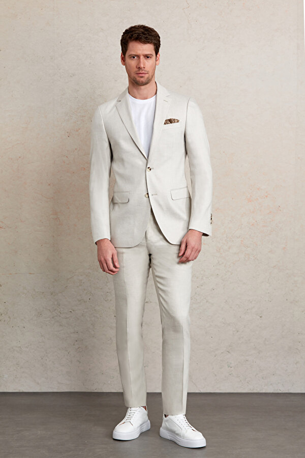 Gri Slim Fit Düz Mono Yaka Casual Keten Takım Elbise