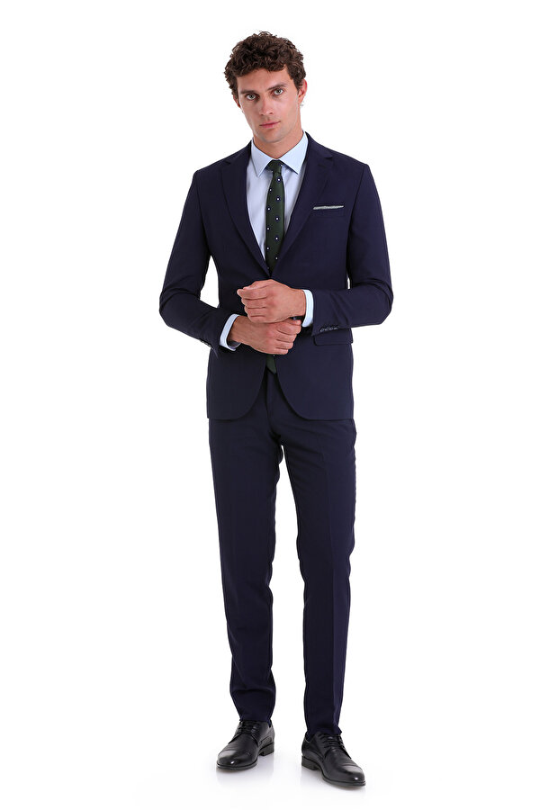 Lacivert Slim Fit Düz Mono Yaka Klasik Takım Elbise