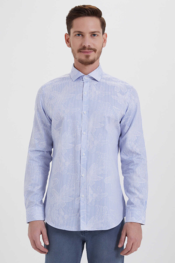 Mavi Slim Fit Desenli 100% Pamuk Uzun Kol Klasik Gömlek