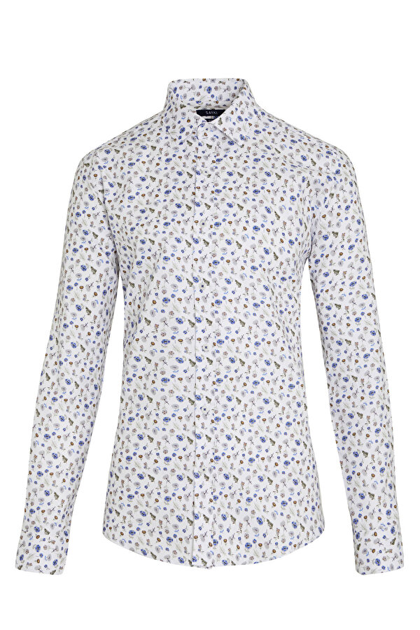 Beyaz Slim Fit Baskılı 100% Pamuk Düğmeli Yaka Uzun Kollu Casual Gömlek