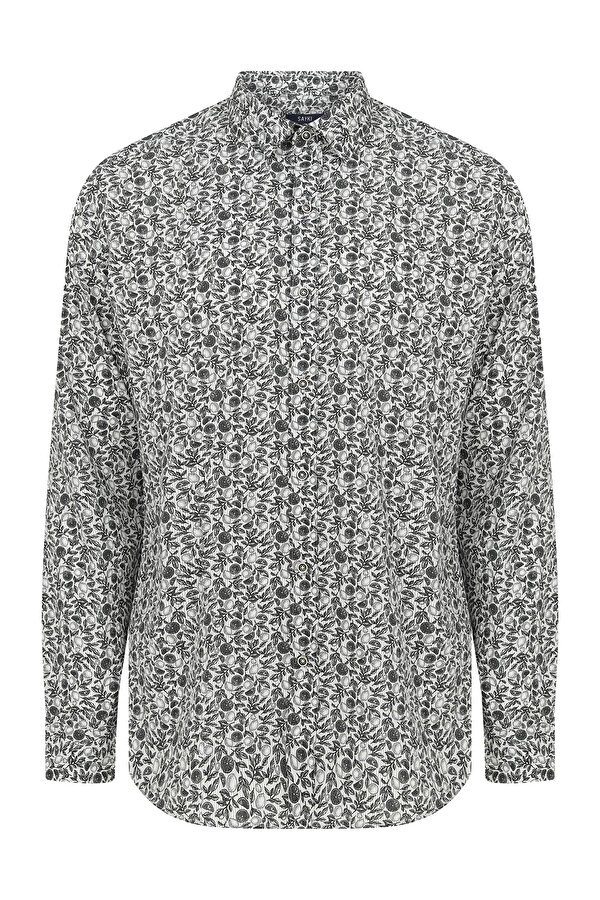 Gri Slim Fit Baskılı 100% Pamuk Uzun Kol Spor Gömlek