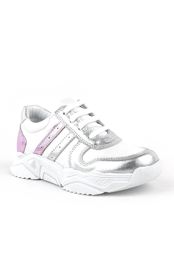 Hakiki Deri Gümüş Pembe Kalın Tabanlı Kız Çocuk Sneakers Ayakkabı