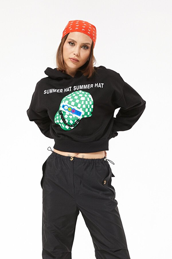 Candy Kadın Siyah Şapka Baskılı Zincir Detay Kapuşonlu Sweatshirt Candy-5351