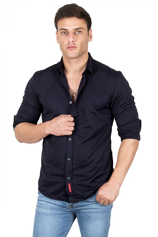 DeepSEA Erkek Lacivert Slim fit Örme Gömlek 2309480