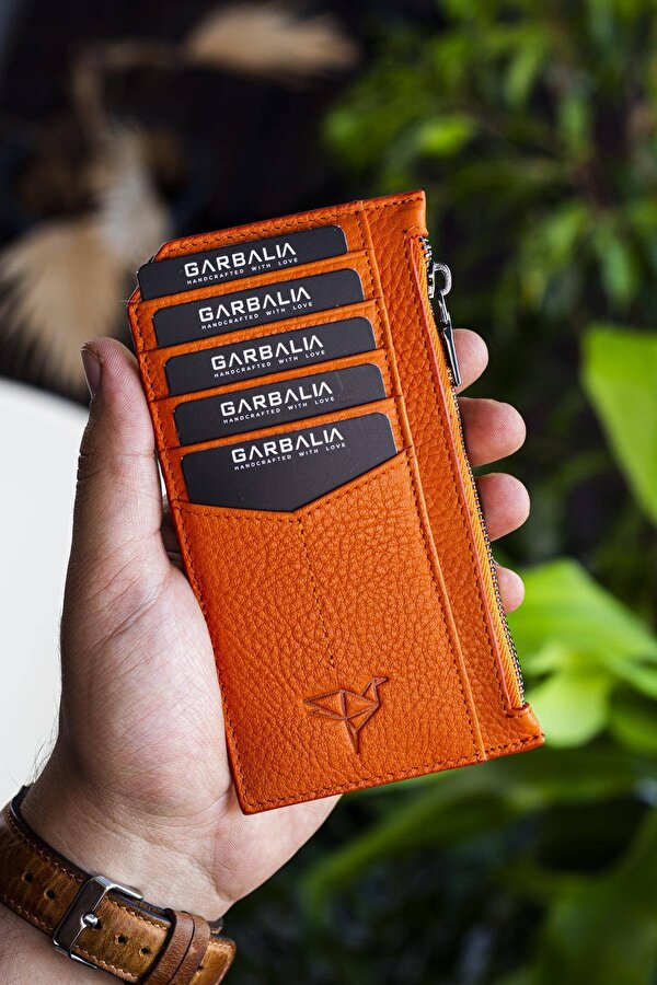 Blush Hakiki Deri Fermuarlı Unisex Kartlık Cüzdan Turuncu