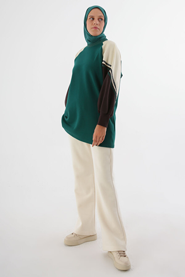 Zümrüt Şardonlu Deri Garnili Şeritli Sweatshirt