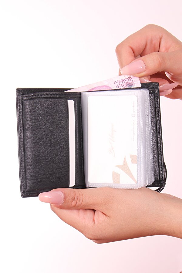 325 Unisex Hakiki deri Şeffaf kartlık Cüzdan SİYAH