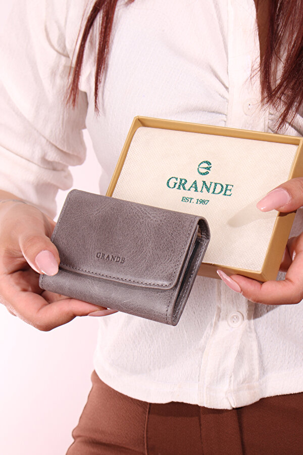 841 Unisex hakiki deri kartlık akordiyon cüzdan CRAZY GRİ