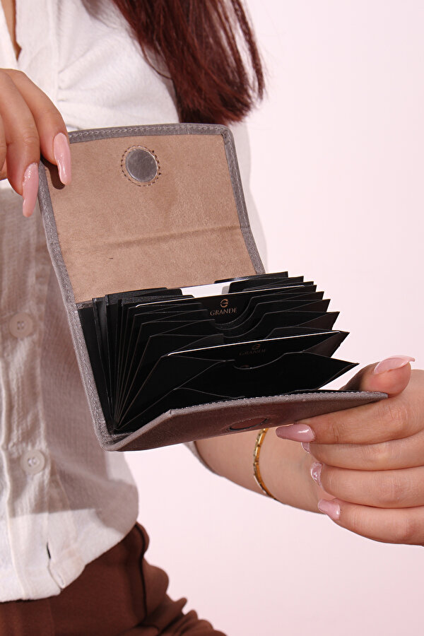 841 Unisex hakiki deri kartlık akordiyon cüzdan CRAZY GRİ