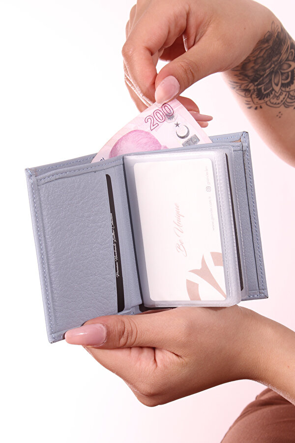 325 Unisex Hakiki deri Şeffaf kartlık Cüzdan BUZ MAVİSİ