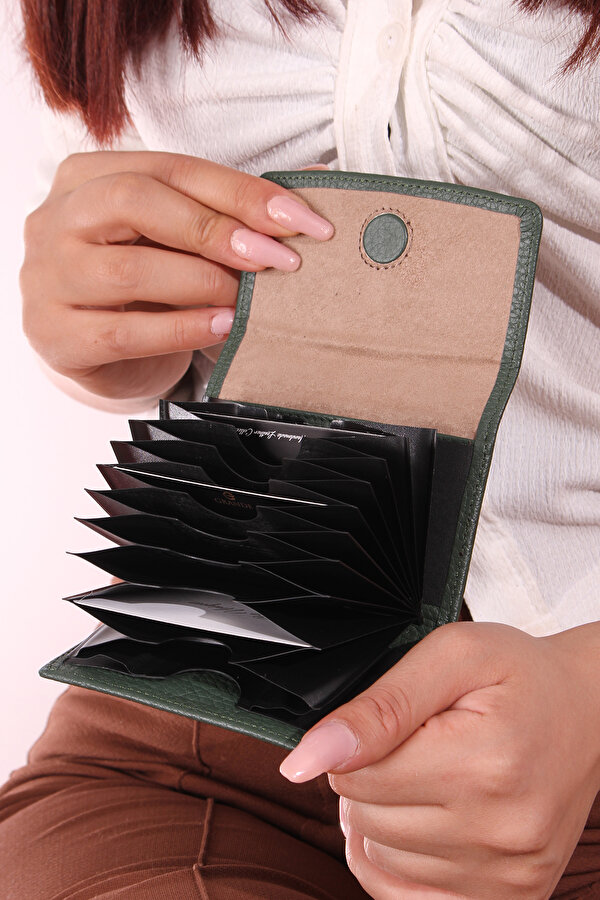 841 Unisex hakiki deri kartlık akordiyon cüzdan YEŞİL