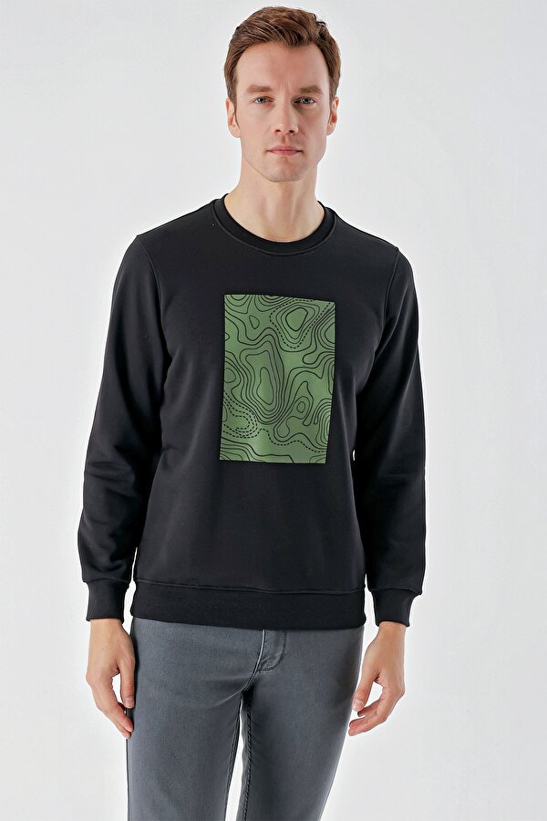 Erkek Siyah Trend Bisiklet Yaka Sweat-Shirt