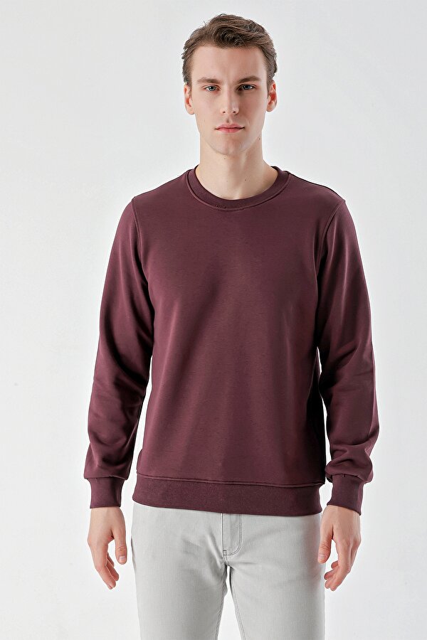 Erkek Mürdüm Basic Bisiklet Yaka Sweat-Shirt