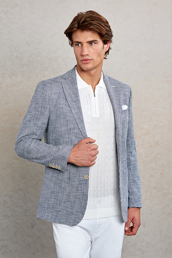 Lacivert Comfort Fit Desenli Mono Yaka Casual Ceket