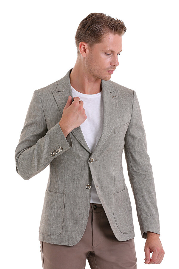 Kahverengi Comfort Fit Desenli Sivri Yaka Casual Keten Ceket