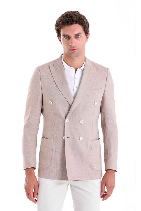 Kahverengi Slim Fit Düz Sivri Yaka Kruvaze Casual Ceket