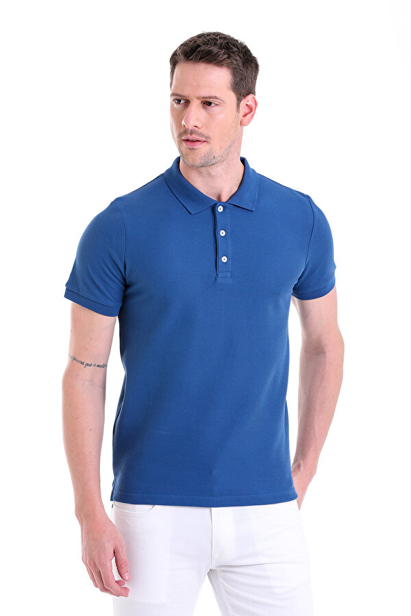 indigo Regular Fit Düz Polo Yaka %100 Pamuk Jarkarlı Tişört
