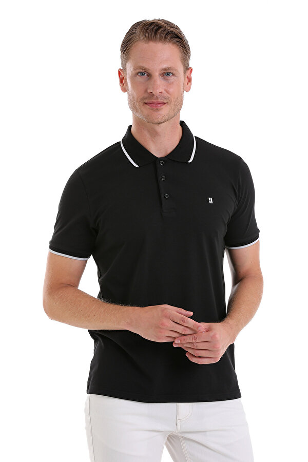 Siyah Regular Fit Düz 100% Pamuk Polo Yaka Tişört