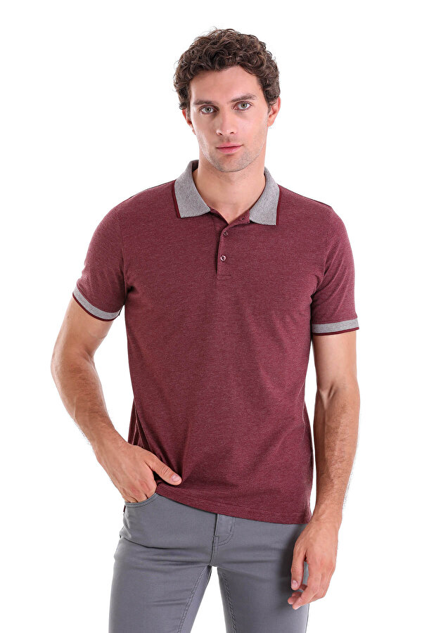 Bordo Regular Fit Düz Polo Yaka Pamuklu Jersey Tişört