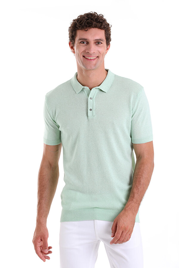 Yeşil Regular Fit Polo Yaka Pamuklu Jakarlı Triko Tişört